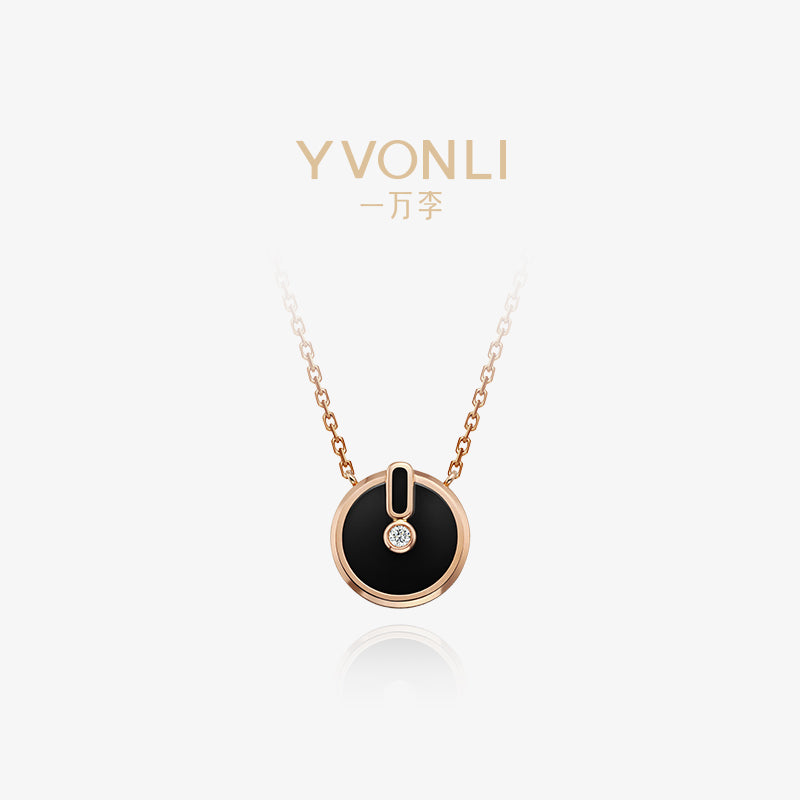 YVONLI CHOSEN ONE series BLACK AGATE single-diamond Pendant 18 Karat Gold Necklace