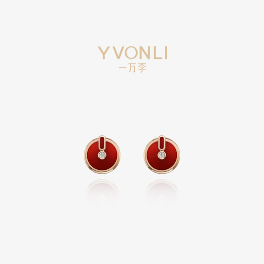 YVONLI CHOSEN ONE series Claret Agate single-diamond 18 Karat Gold Earrings